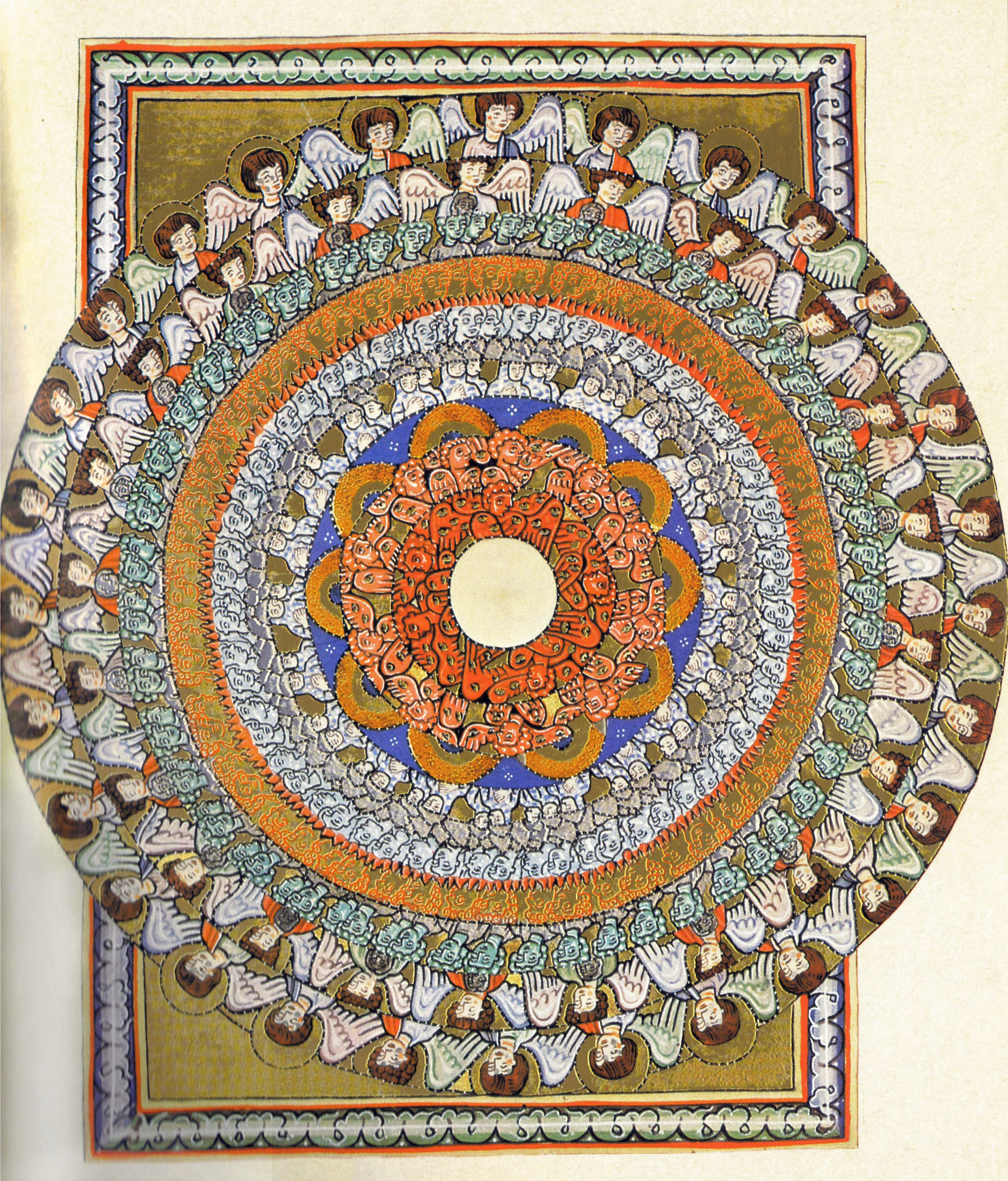 Twelfth-century illumination of the choirs of angels from Hildegard of Bingen's Scivias.
