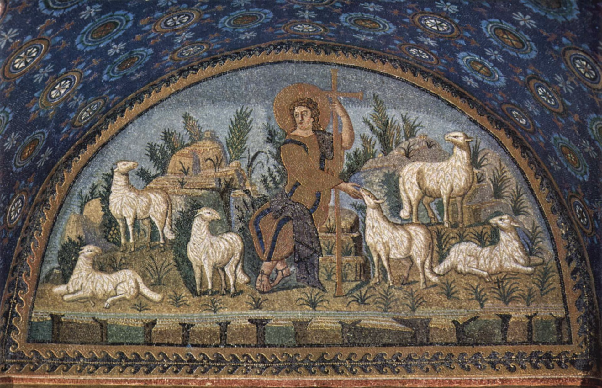 Fifth-century Good Shepherd mosaic in the Mausoleum of Galla Placidia, Ravenna.